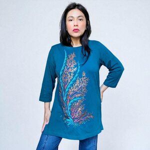 Bob Mackie vintage 90s green teal embellished embroidered coral reef tunic W's L